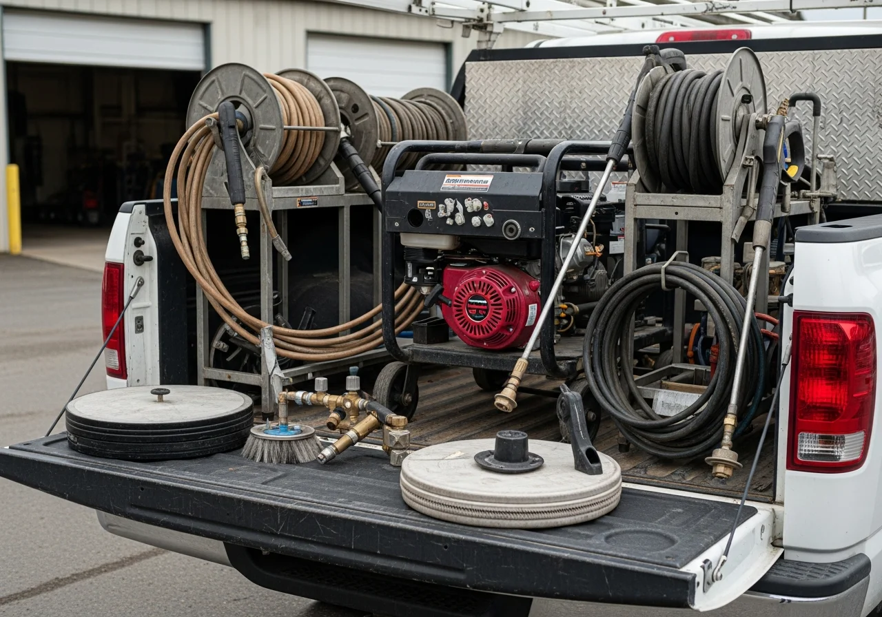 Pressure washing equipment and tools arranged on a work truck bed, ready for residential and commercial cleaning projects.