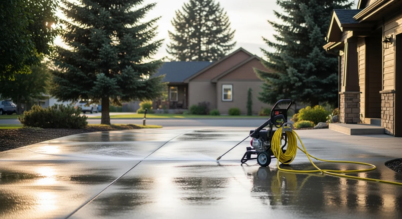 Professional pressure washing equipment cleaning a residential driveway in Colville, WA