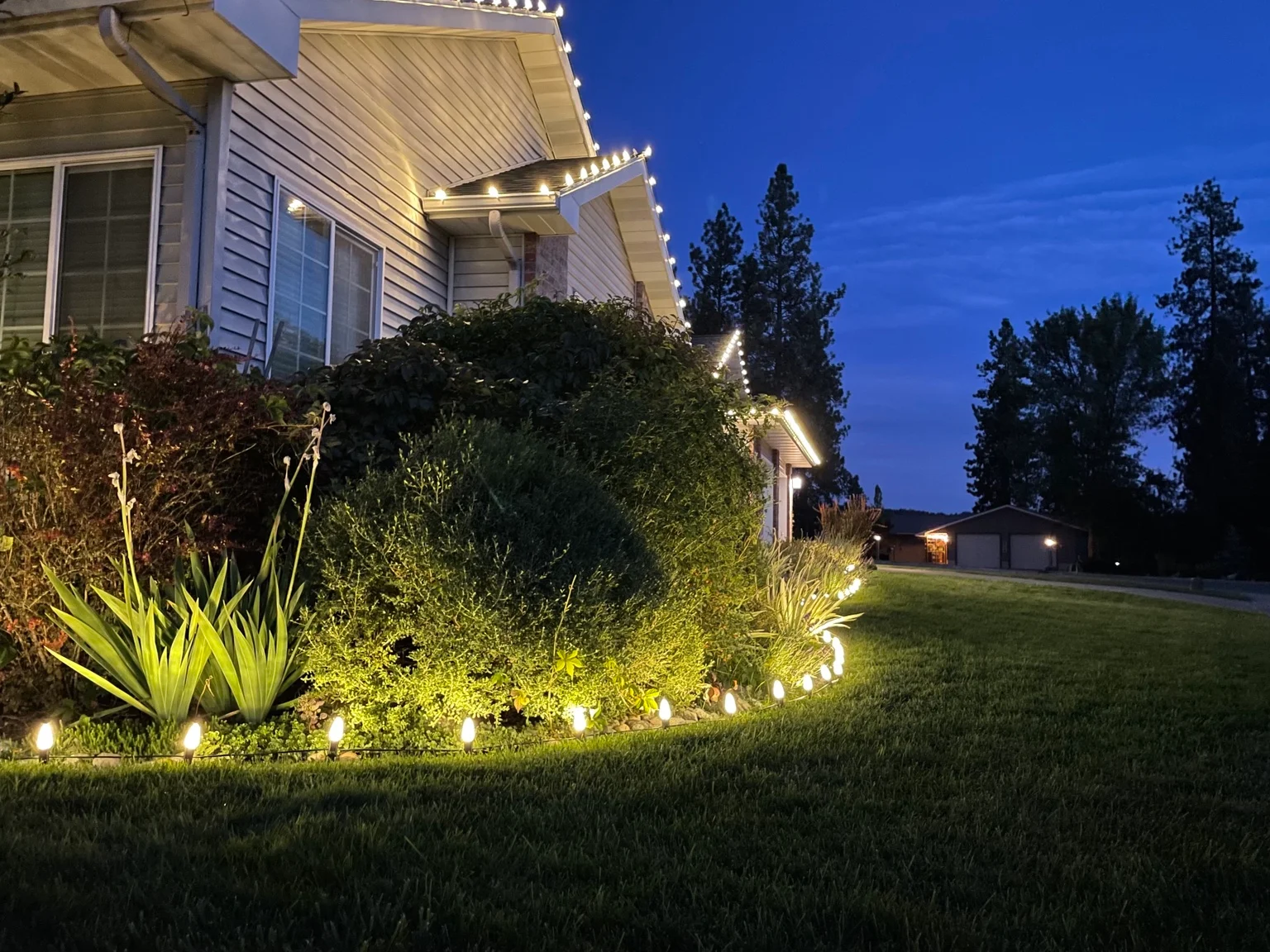 Residential home at dusk with professional landscape and architectural lighting installed