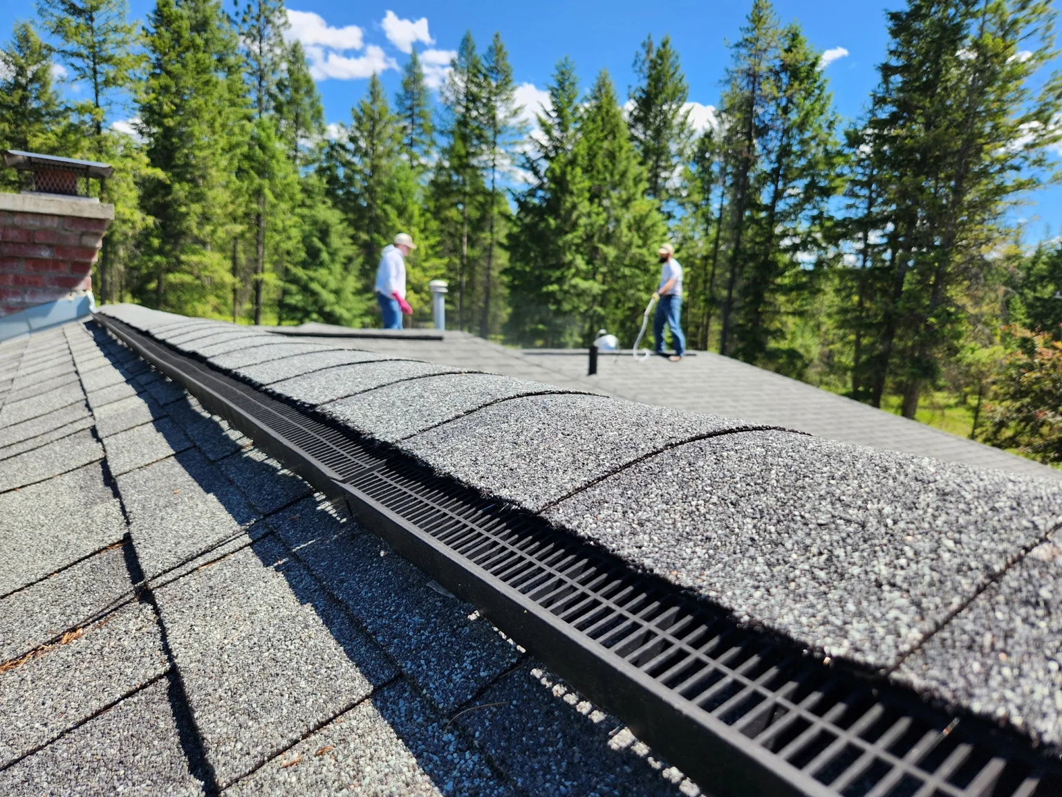 Gutter cleaning in progress on residential roof with forest backdrop