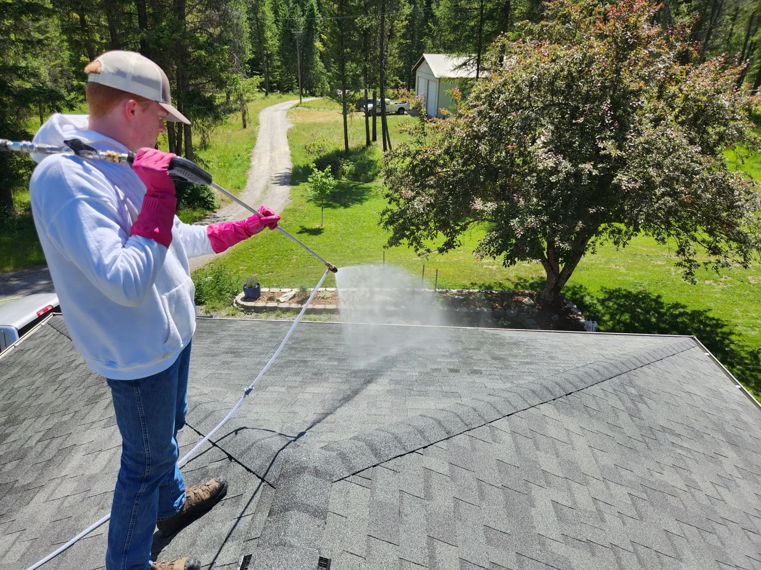 Technician pressure washing asphalt shingle roof with low-pressure spray equipment