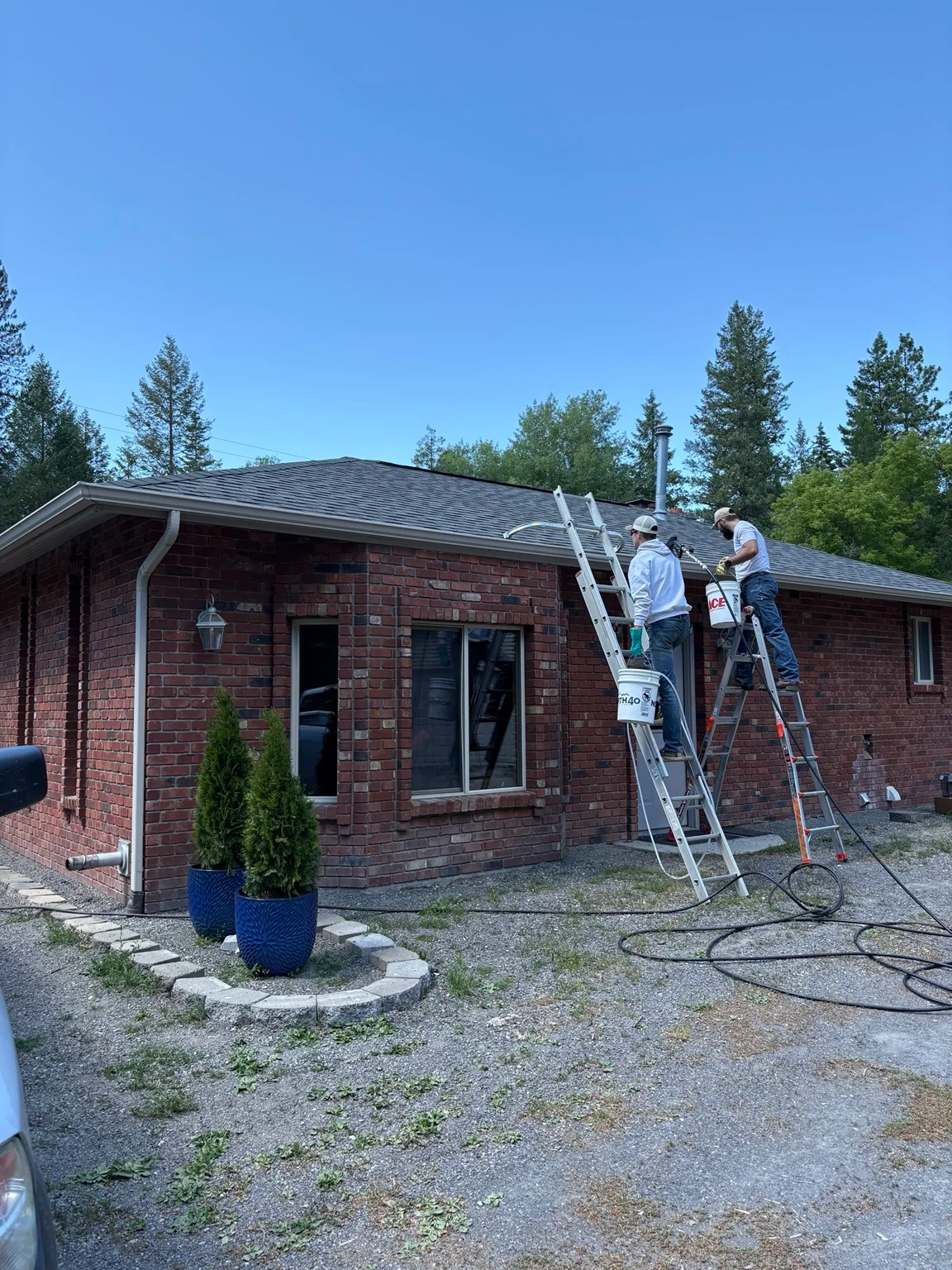 Technicians cleaning asphalt shingle roof on red brick home with ladders and equipment