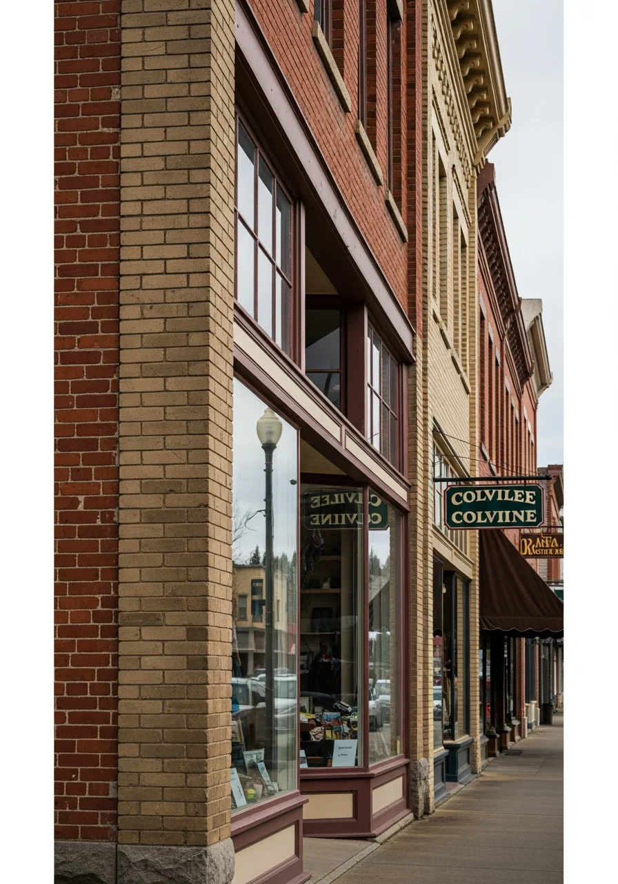 Colville downtown street view with local storefronts and community buildings.