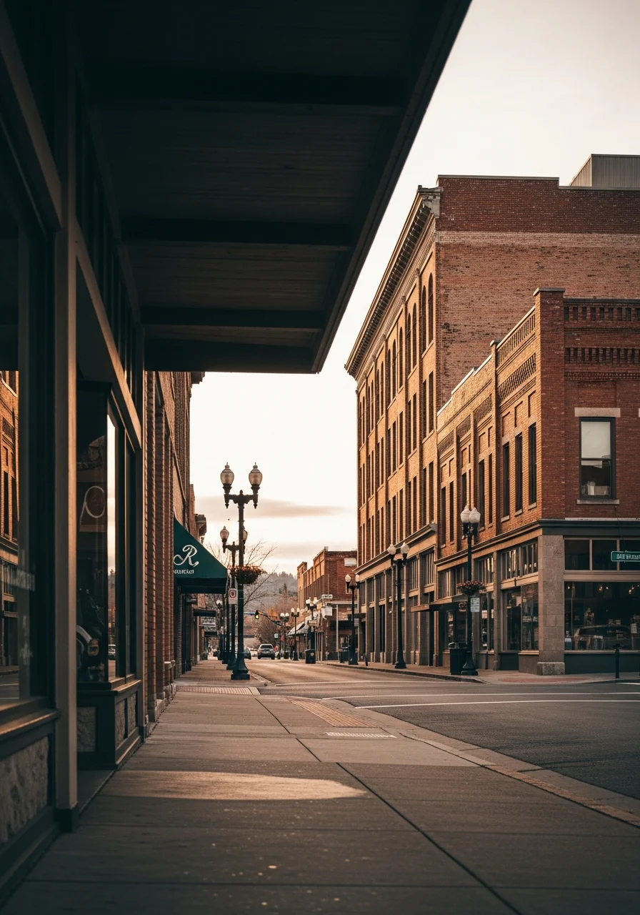 Spokane downtown area showing mixed-use buildings and urban streetscape.