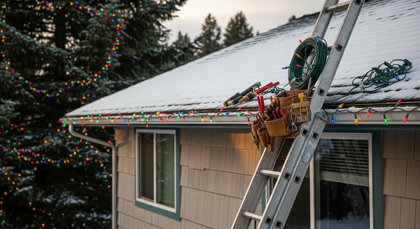 A single-story home in Colville, WA with white Christmas lights installed along the roofline and wrapped around front yard trees. Snow covers the lawn and the display is fully lit against a dark winter sky.