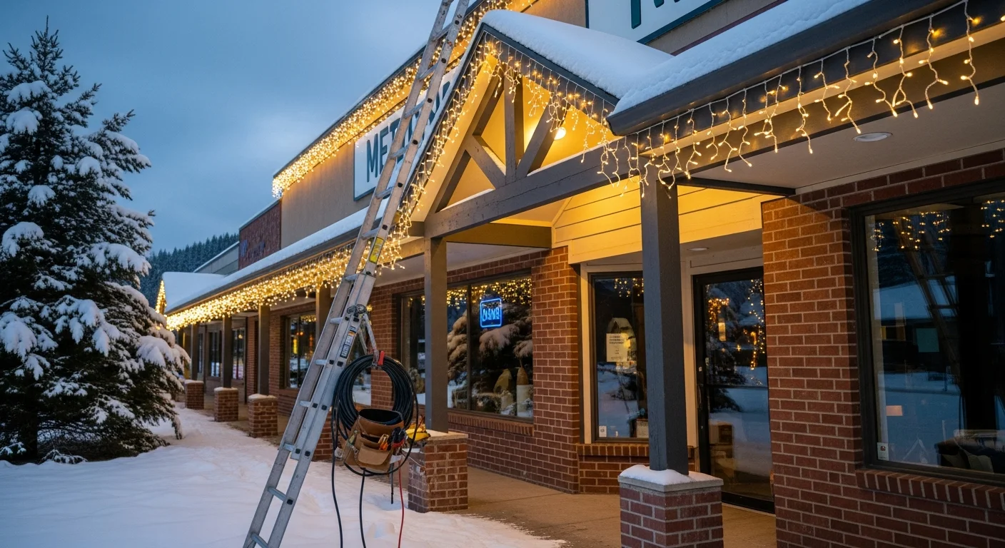 A commercial storefront in Colville, WA with professional holiday lighting installed along the roofline and entryway, glowing against a dark winter sky. Snow is visible on the ground in front of the building, and the lit facade is clearly visible from the parking area.