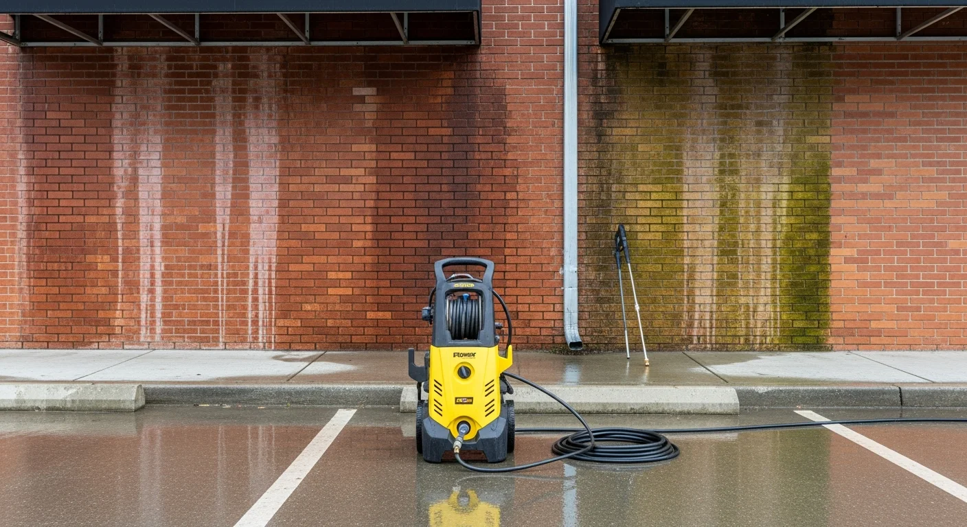 A commercial storefront on a Colville, WA street after professional pressure washing, showing clean concrete sidewalk and dirt-free brick facade. A FireFly Home Service technician directs a pressure washing wand along the building's base.