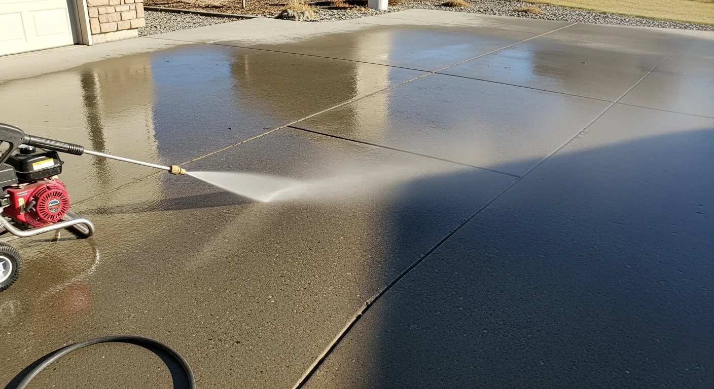 A clean concrete driveway in front of a residential home in Colville, WA, showing a bright, stain-free surface after pressure washing. Dark organic staining and road grit have been fully removed from the slab.
