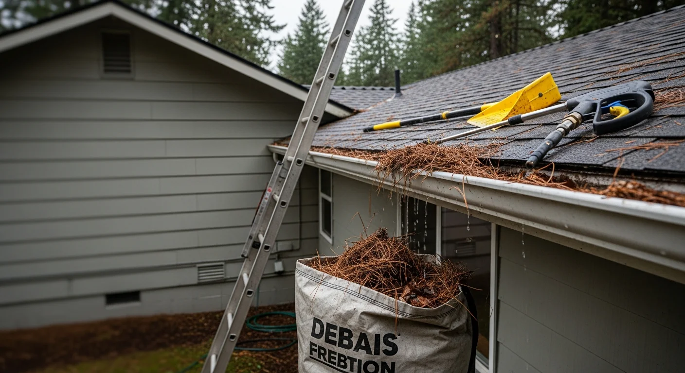 A residential gutter on a Colville, WA home filled with pine needles, wet leaves, and compacted debris before removal. A clean, open gutter channel shown after FireFly Home Service completed the debris removal service.