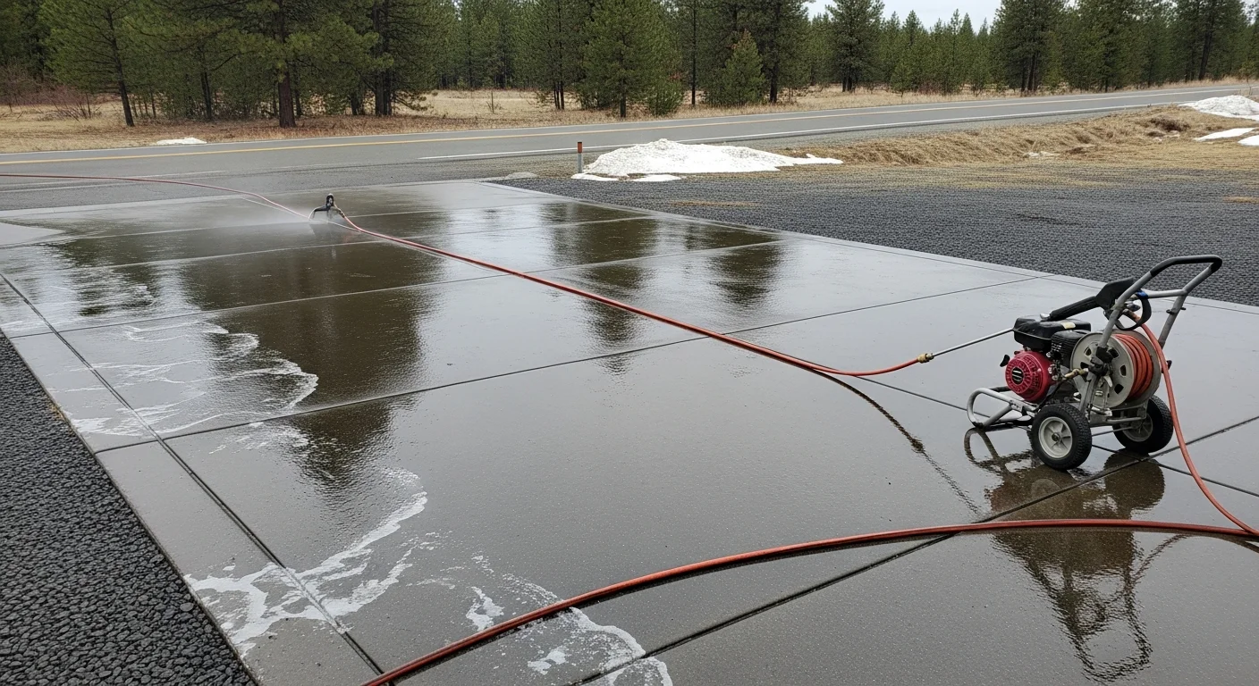 A concrete residential driveway in Colville, WA being pressure washed, showing a clean strip of surface next to a section still covered in dark winter staining and grit. A FireFly Home Service technician operates the pressure washer from the street apron toward the garage.