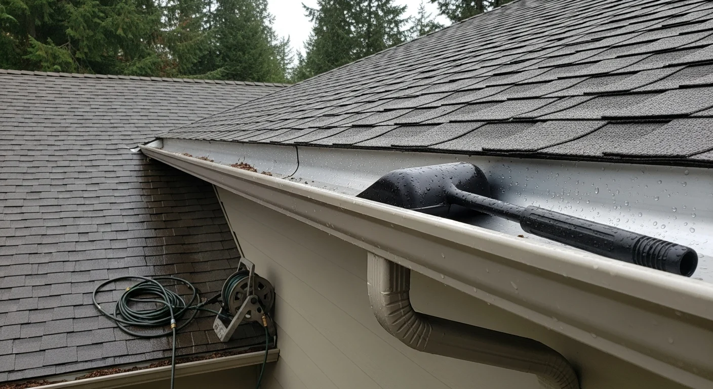 A FireFly Home Service technician removing pine needles and conifer debris from a residential gutter on a home in Colville, WA. Clean, flushed downspouts visible against the exterior siding with no overflow staining.