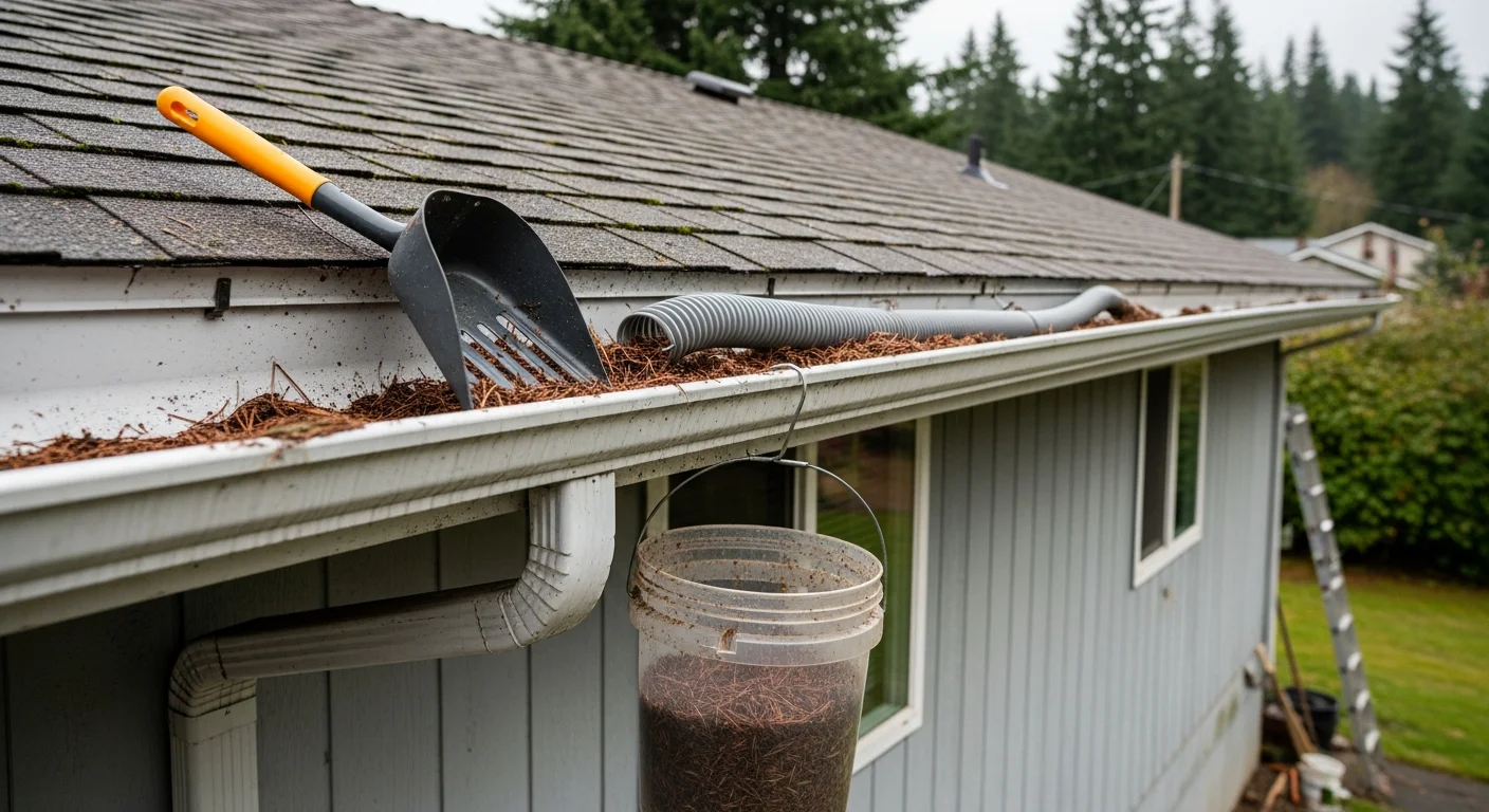 A FireFly Home Service technician clearing leaf and debris buildup from the gutters of a single-family home in Colville, WA. Downspouts are visible along the roofline with fall foliage in the background.