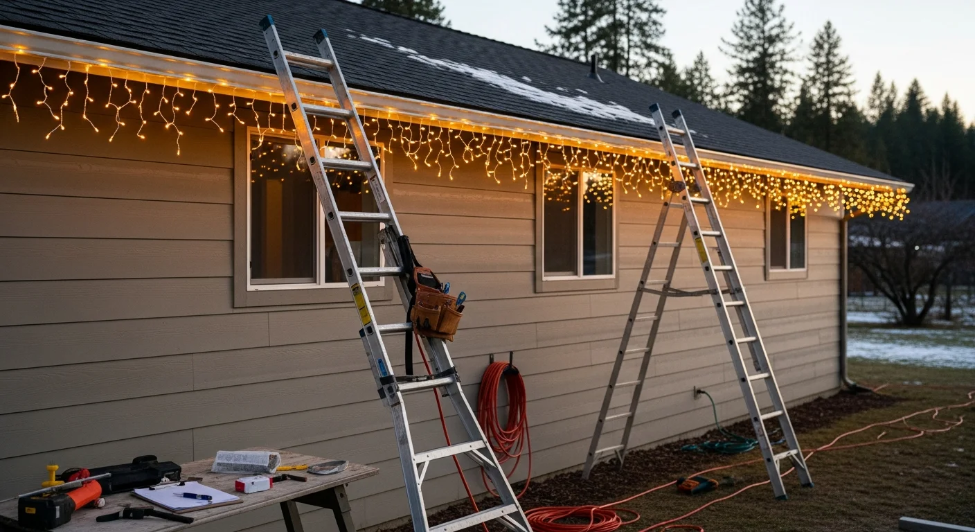 A ranch-style home in Colville, WA with a professionally designed holiday light display covering the roofline, front walkway, and yard trees. Snow is visible on the ground and the lights are evenly spaced with no drooping sections.