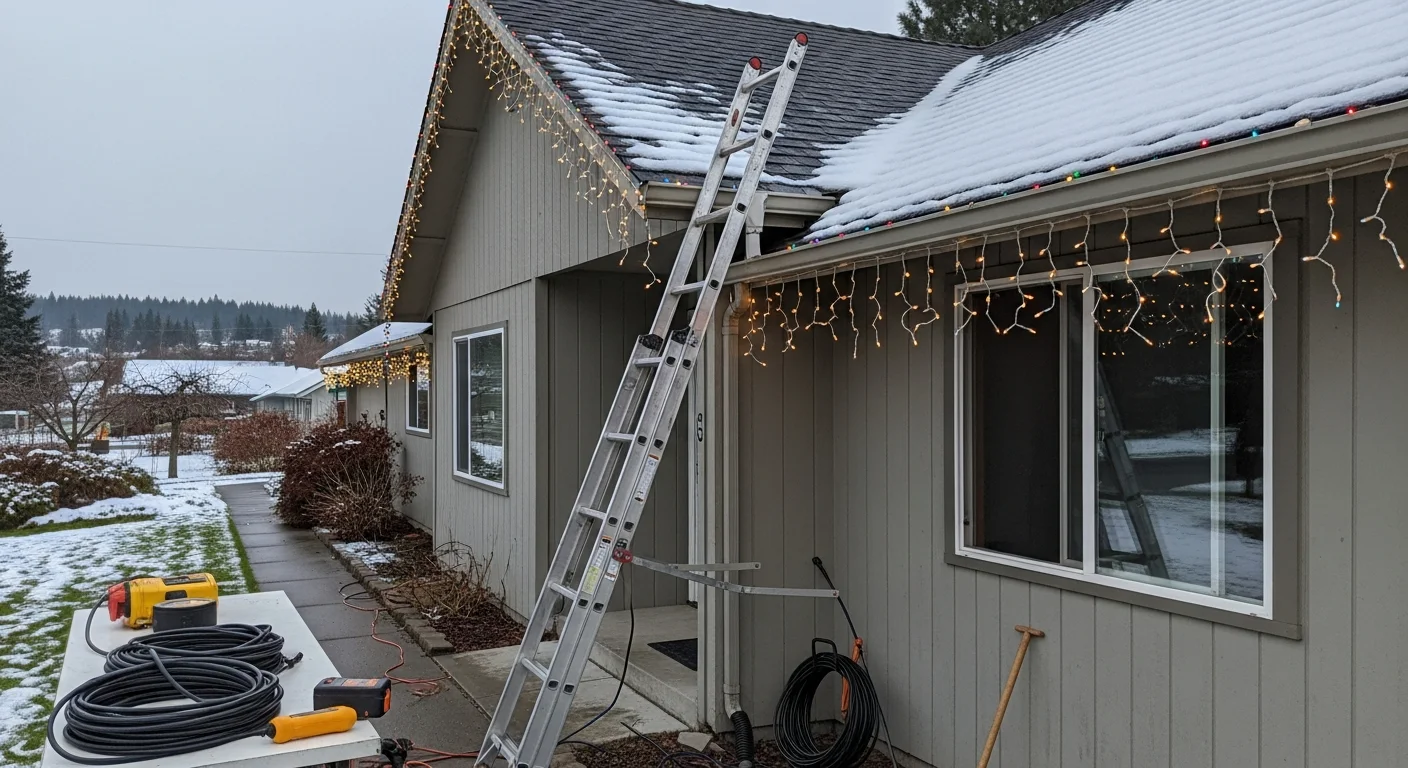 A single-family home in Colville, WA with white holiday lights evenly strung along the roofline and eaves against a winter sky. A FireFly Home Service technician on a ladder secures lights to the gutter trim of the house.