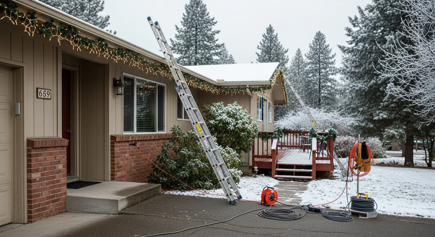 A single-story ranch-style home in Colville, WA with white holiday lights installed along the roofline and porch railing against a snow-dusted yard. A FireFly Home Service crew member adjusts lighting on the eave using a ladder on a clear winter day.