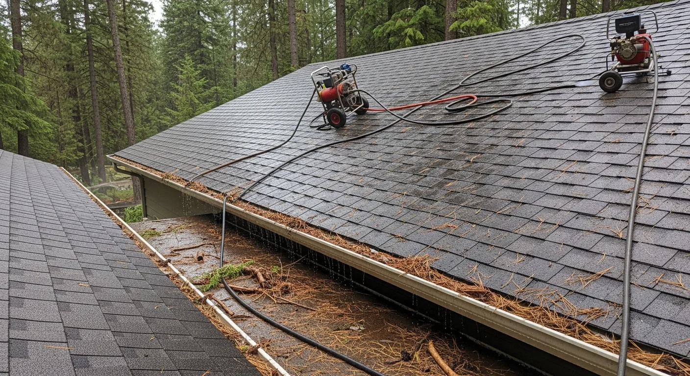 A residential roof in Colville, WA after professional cleaning, showing shingles cleared of moss and debris with clean roof valleys and gutters visible below. Surrounding ponderosa pine trees are visible in the background.