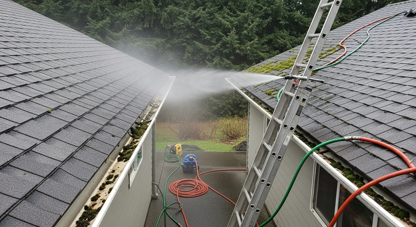A residential roof in Colville, WA showing clean, moss-free shingles after a professional soft washing service. A technician applies a low-pressure cleaning solution from a ladder alongside a home surrounded by trees.