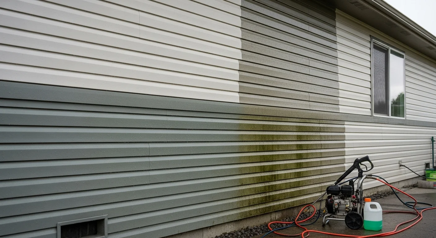 A pressure washing technician cleaning green algae and dirt from the vinyl siding of a single-story home in Colville, WA. The left side of the siding panel shows dark organic buildup while the right side is clean and bright after washing.